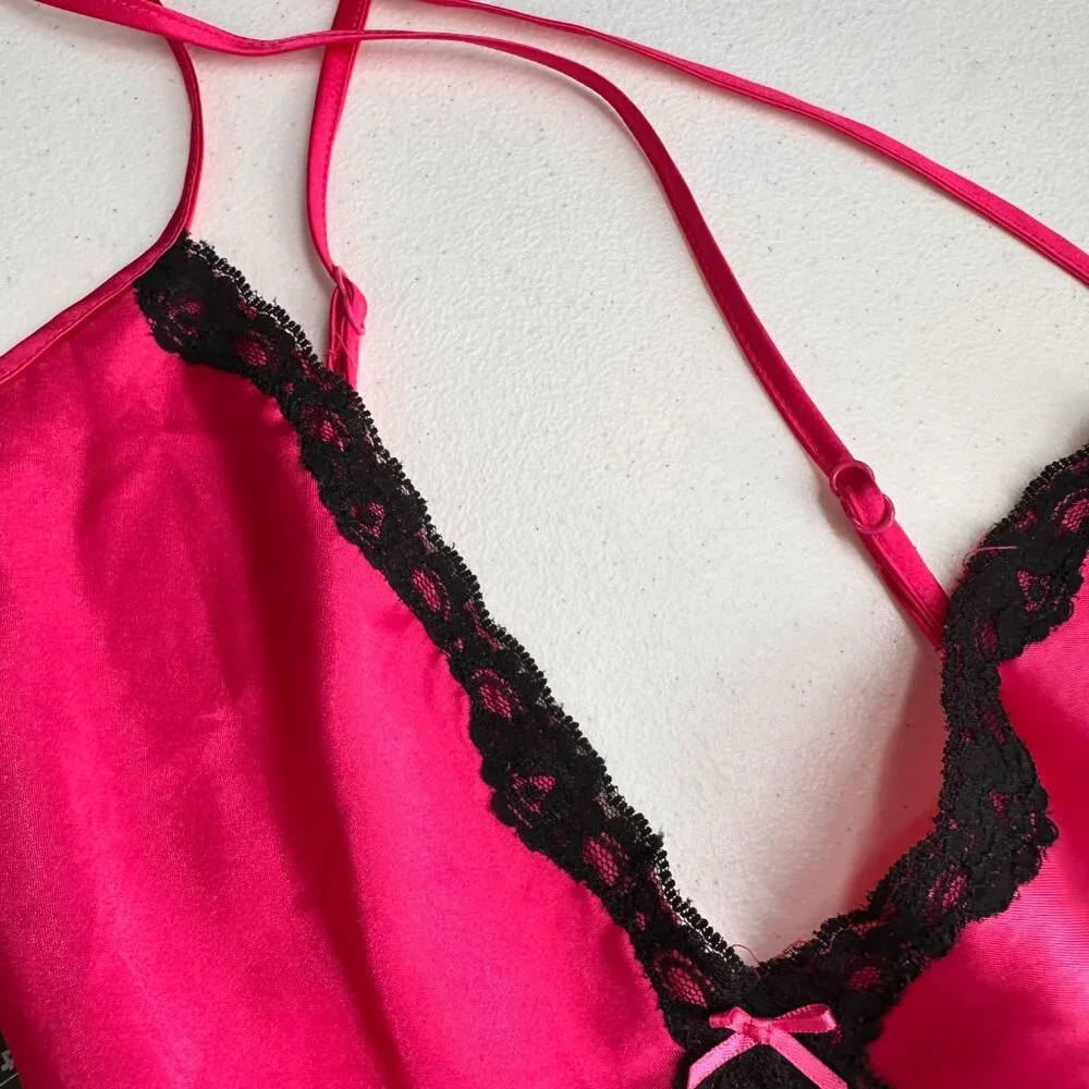 Ambrielle Hot Pink‎ Slip Nightgown Black Lace Trim XL Adjustable Straps Babydoll